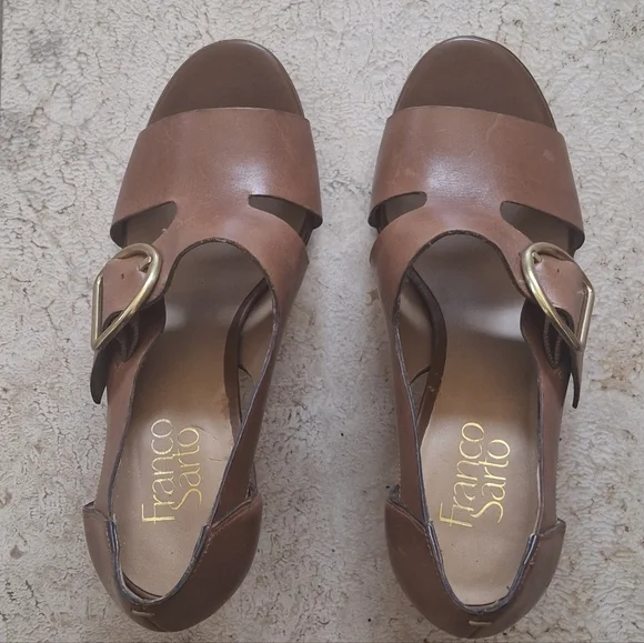 FRANCO SARTO "Mirabel" Leather Cognac Brown Gold Buckle Block Heels - Size 7 - Picture 2 of 8